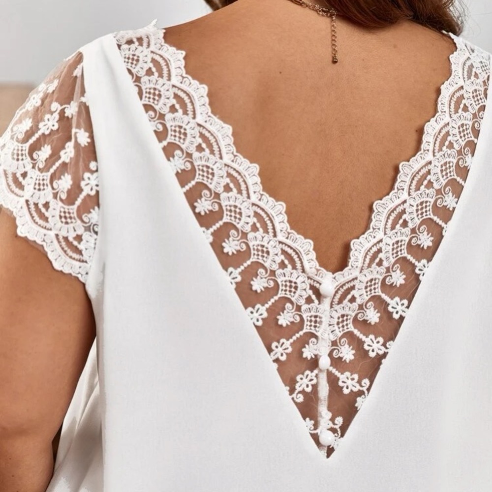 Plus size luxe contrast embroidered lace mesh blouse - Picture 8 of 16